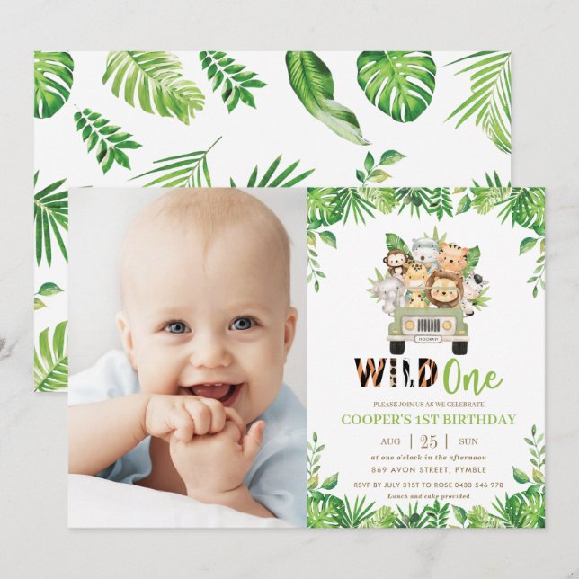Invitation Jungle Safari Voiture Verdure Anniversaire Wild On (Devant / Derrière)