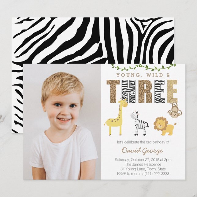 Invitation Jungle Safari Wild 3e fête d'anniversaire pour gar (Devant / Derrière)