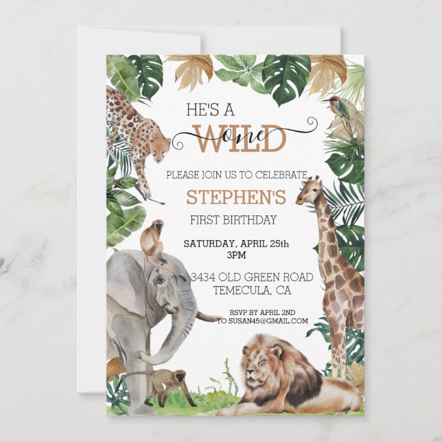 Invitation Jungle Safari Wild Un Anniversaire Lion Aquarelle (Devant)