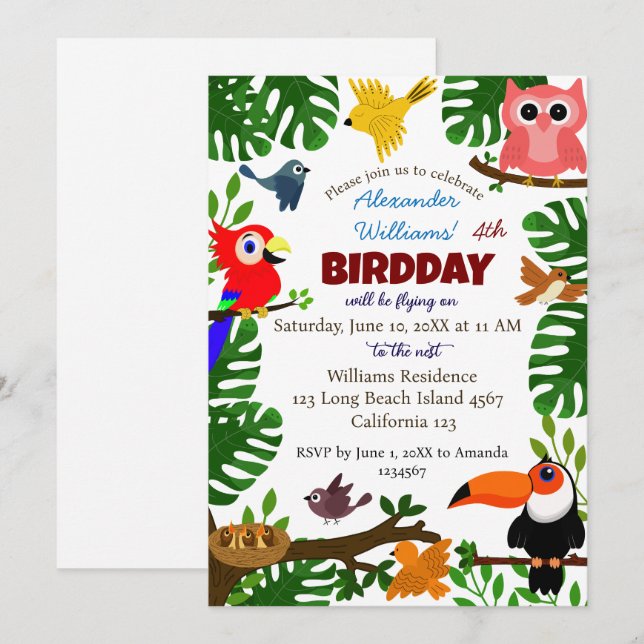 Invitation Jungle Tropical Vert Été Enfants Bird Anniversaire (Devant / Derrière)