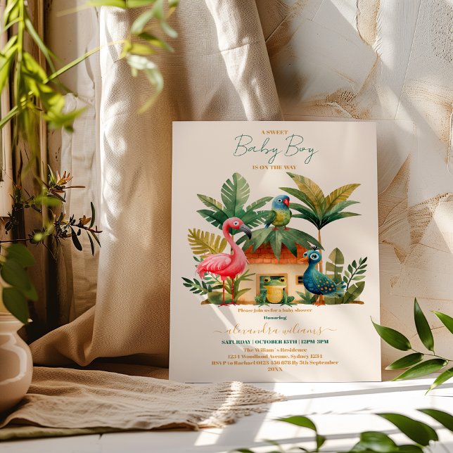 Invitation Jungle verdoyante Safari Animaux Baby shower Garço (Créateur téléchargé)