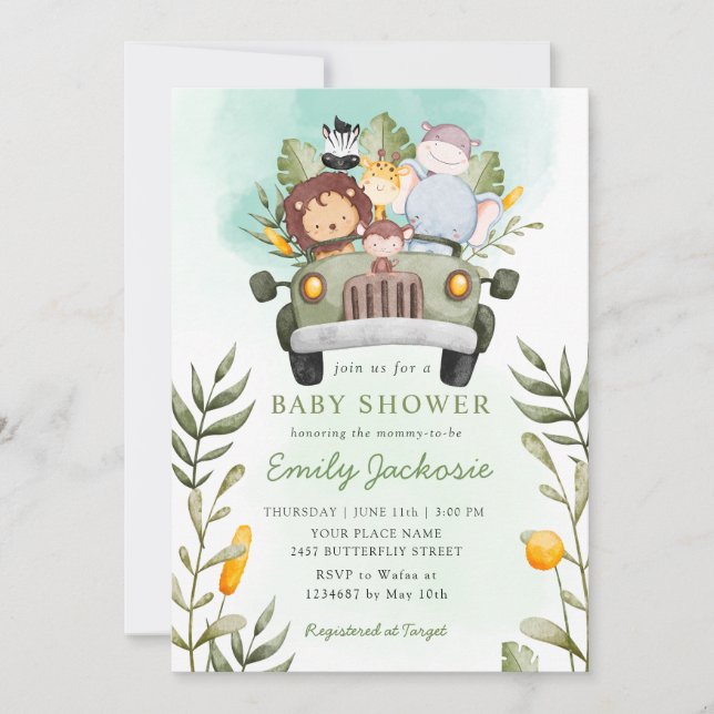 Invitation jungle verdoyante Safari Baby shower animalier sau (Devant)