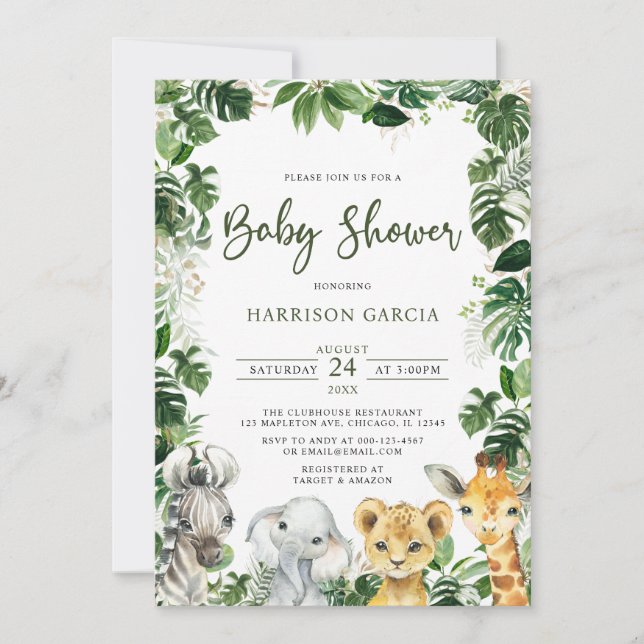 Invitation Jungle verdoyante Safari Baby shower Animaux (Devant)