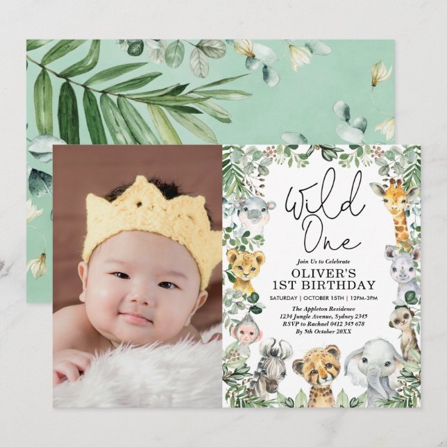 Invitation Jungle Wild One Green Safari 1er anniversaire Phot (Devant / Derrière)