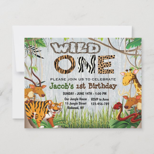 Invitation Jungle Wild One Safari Animaux Premier Anniversair (Devant)