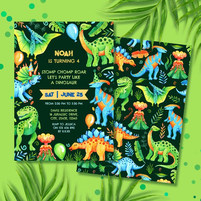 Invitation Jurassic Dinosaur Stomp Chomp et Roar Boy (Prehistoric Watercolor Dinosaur Boys Birthday Invitation)