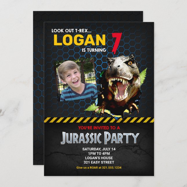 Invitation Jurassic Dinosaur Theme Birthday Party (Devant / Derrière)