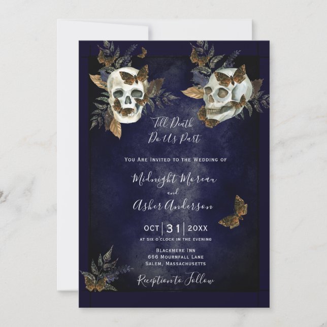 Invitation Jusqu'à ce que la mort nous sépare crânes papillon (Devant)