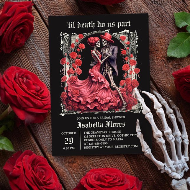 Invitation Jusqu'à ce que la mort nous sépare Skeleton Couple (Til Death Do Us Part romantic skeleton couple Bridal Shower Invitation by Darling & May)