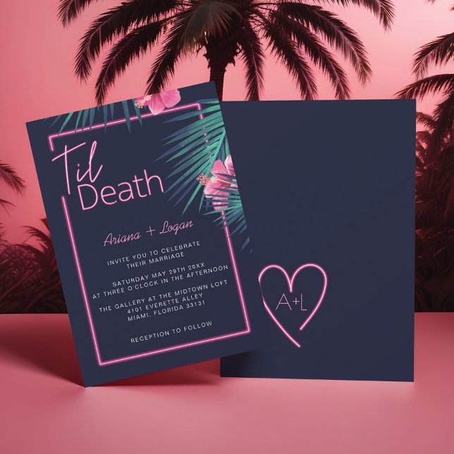 Invitation Jusqu'à la mort faisons-nous partie de Neon Pink M (Til Death Do Us Part Neon Pink Tropical Wedding Invitation)