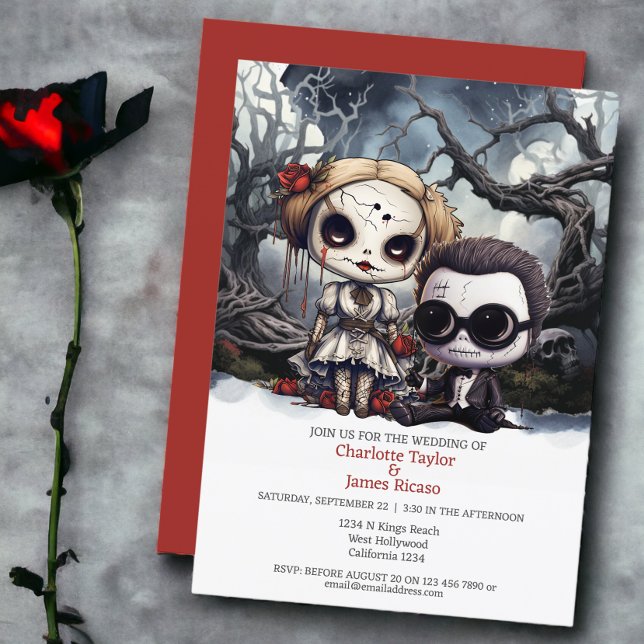 Invitation Jusqu'à la mort nous faisons partie Mariée et Groo (Till death us do part Bride and Groom Invitations from Ricaso. Featuring two spooky dolls)