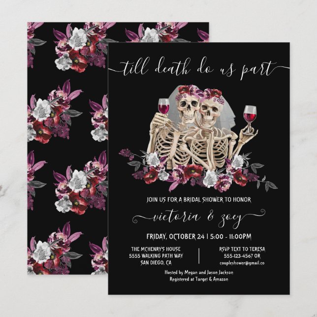 Invitation Jusqu'à la mort nous part Goth Skeleton Brides mar (Devant / Derrière)
