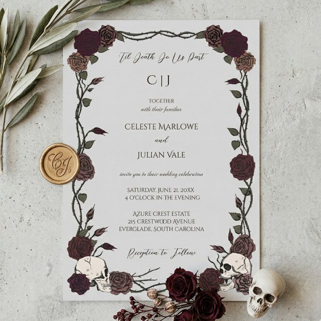 Invitation Jusqu'à la mort Roses gothiques de Bourgogne Gris  (moody Hand-drawn skull and rose 'til death do us part wedding invitation with whimsigoth aesthetic)