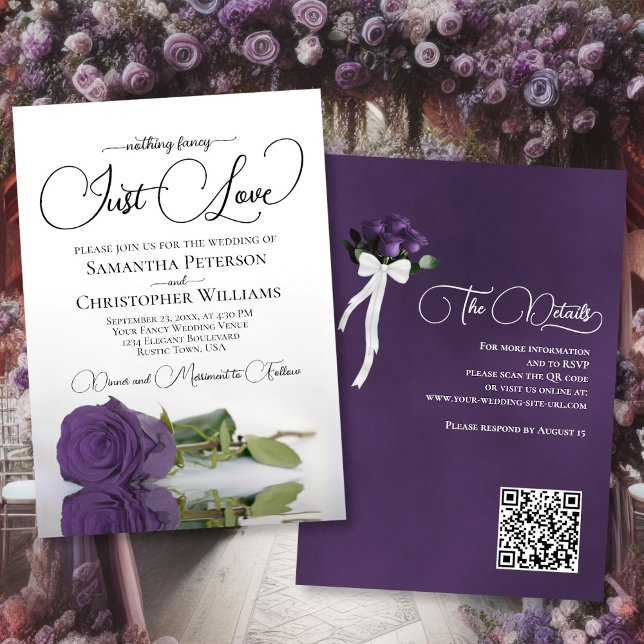 Invitation Just Love Amethyst Purple Rose QR Code Mariage (Front/Back)