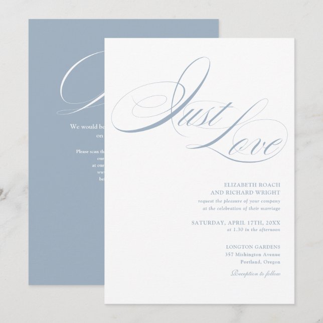 Invitation Just Love Chic Script Code QR Mariage Bleu Poussié (Devant / Derrière)