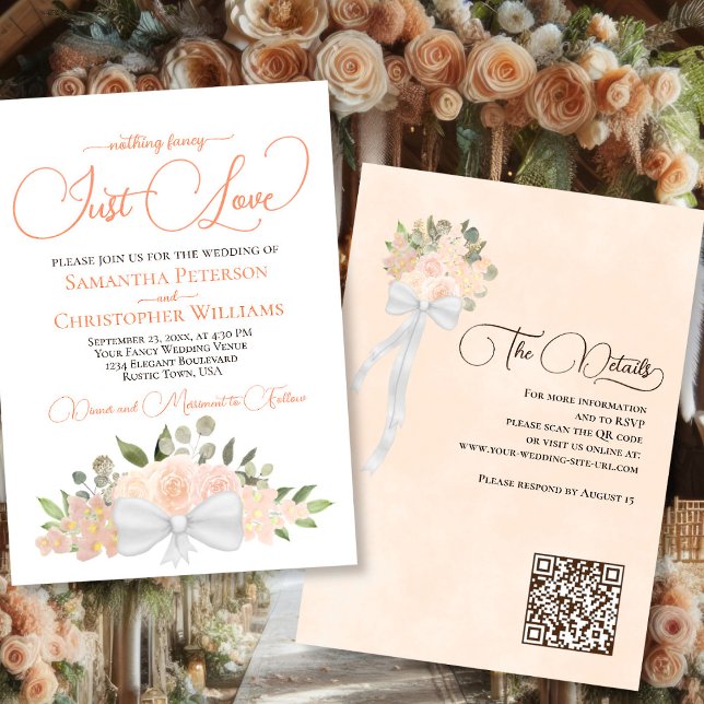 Invitation Just Love Coral Peach Boho Floral QR Code Mariage (Front/Back)
