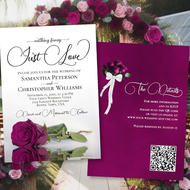 Invitation Just Love Elegant Magenta Rose QR Code Mariage (Front/Back)