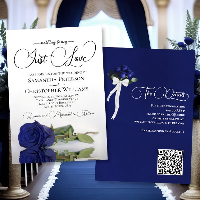 Invitation Just Love Elegant Navy Rose bleu QR Code Mariage (Front/Back)