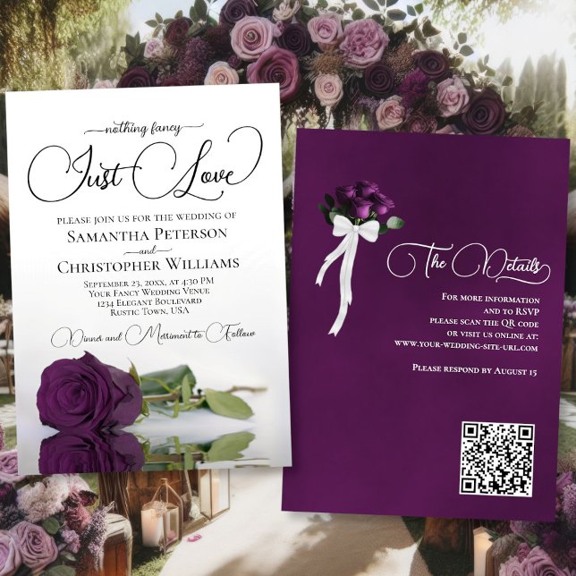 Invitation Just Love Elegant Plum violet Rose QR Code Mariage (Front/Back)