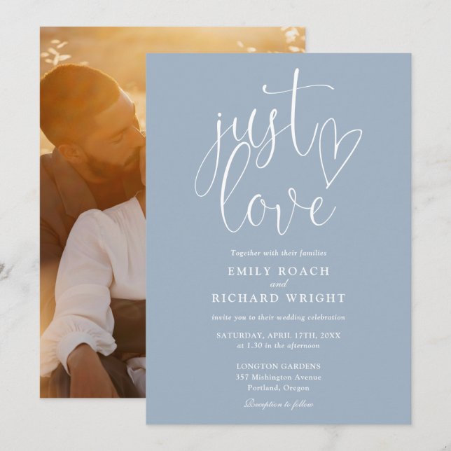 Invitation Just Love Elegant Script Photo Dusty Blue Mariage (Devant / Derrière)