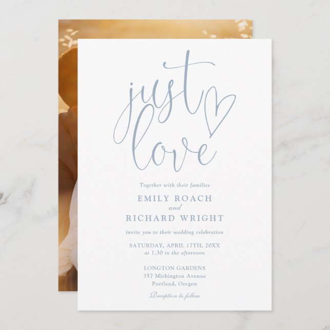 Invitation Just Love Elegant Script Photo Dusty Blue Mariage (Devant / Derrière)