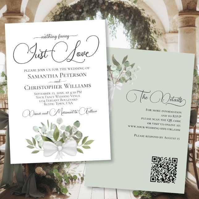 Invitation Just Love Eucalyptus Bouquet QR Code Mariage (Front/Back)