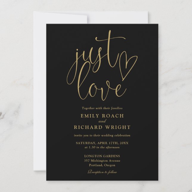 Invitation Just Love Modern QR Code Mariage noir et or (Devant)