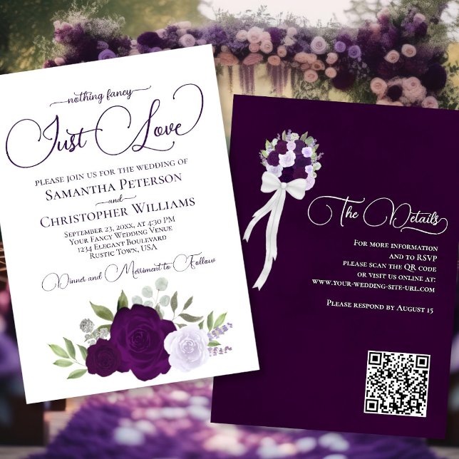 Invitation Just Love Purple Rose QR Code Boho Floral Mariage (Front/Back)