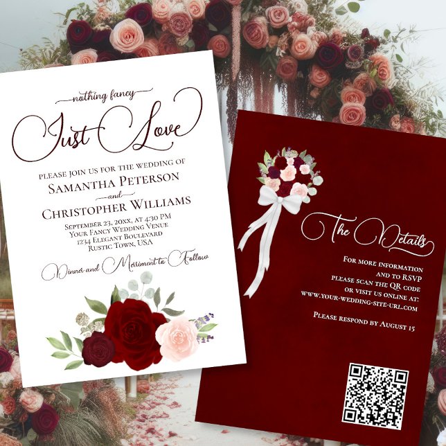 Invitation Just Love Red & rose Roses Boho QR Code Mariage (Front/Back)