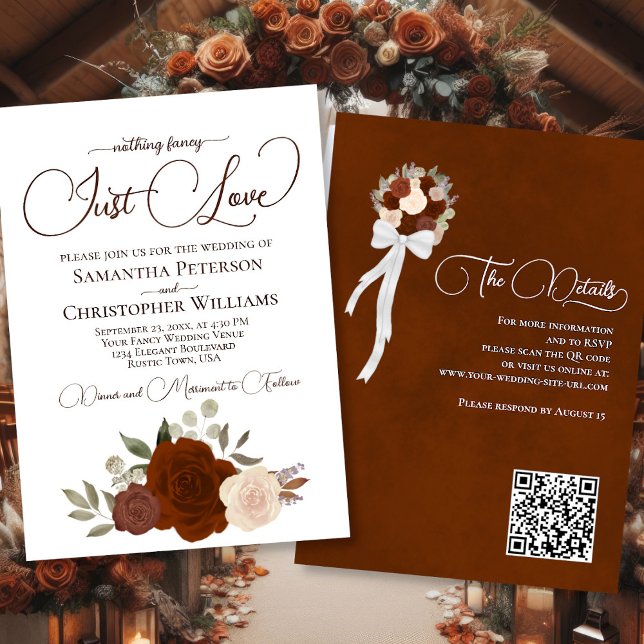 Invitation Just Love Rust Orange Boho Floral QR Code Mariage (Front/Back)