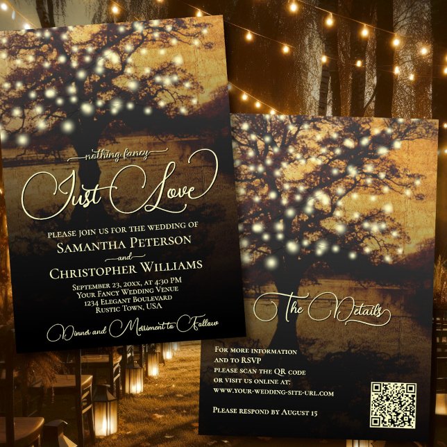 Invitation Just Love Rustic Tree & Lights QR Code Mariage (Front/Back)