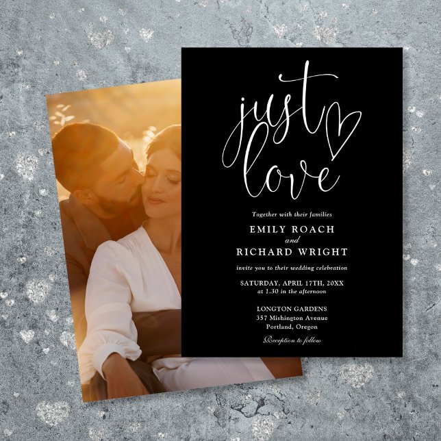 Invitation Just Love Script Photo Mariage noir et blanc (Just Love Script Photo Black And White Wedding Invitation)