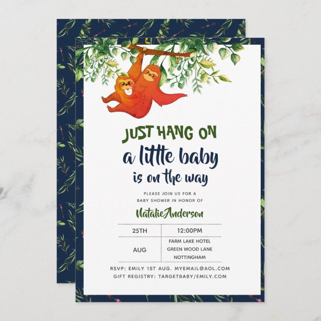 Invitation Juste Accrocher sur Sloth Baby shower Garçons Fill (Devant / Derrière)