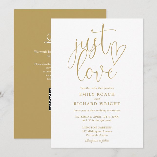 Invitation Juste Amour Code QR Moderne Chic Or Mariage (Devant / Derrière)