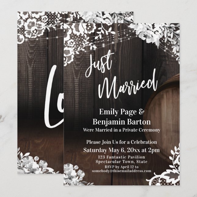 Invitation Juste Marié Rustic Barrel Lumières Fleurs (Devant / Derrière)