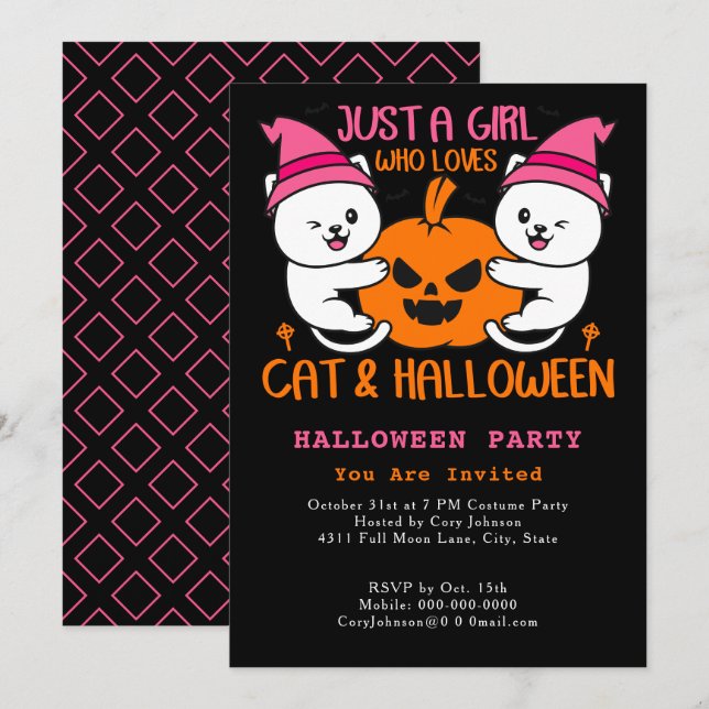 Invitation Juste une fille qui aime Chat & Halloween Meow Par (Devant / Derrière)