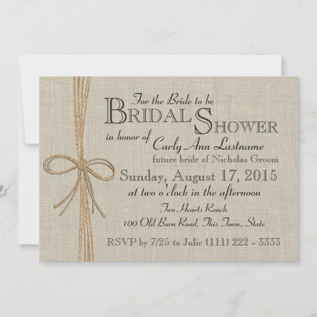 Invitation Jute Bow et Burlap Fête des mariées (Devant)