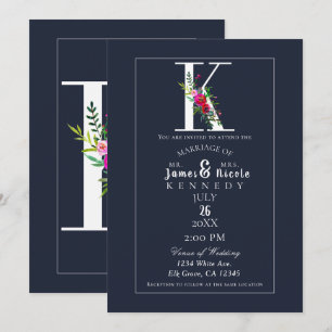 Invitation K Monogramme Dernière Initiale Moderne Fleurs Bleu