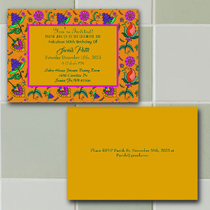 Invitation Kalamkari Fleurs d'anniversaire colorées Jaune