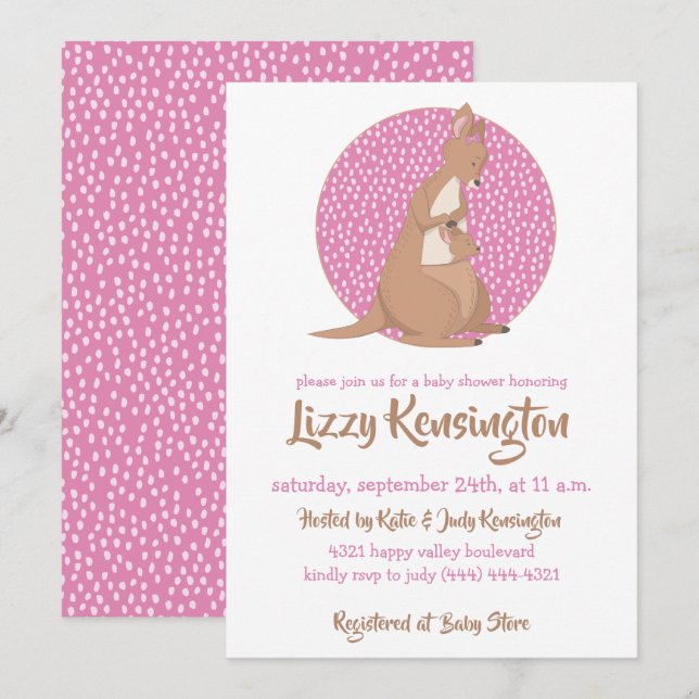 Invitation Kangaroo Baby Girl Douche Motif rose (Devant / Derrière)