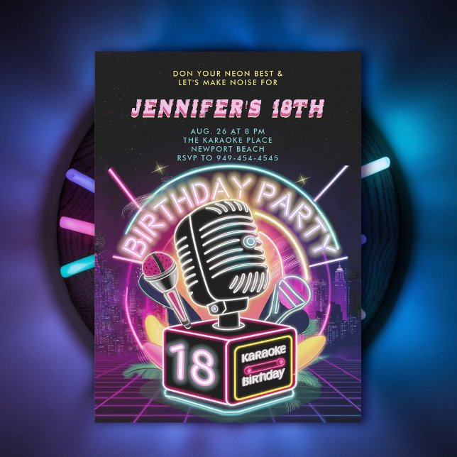 Invitation Karaoke 90s Neon Glow Millennial 18e anniversaire (18th birthday party for girls karaoke night neon glow 90s millenial funky chic)