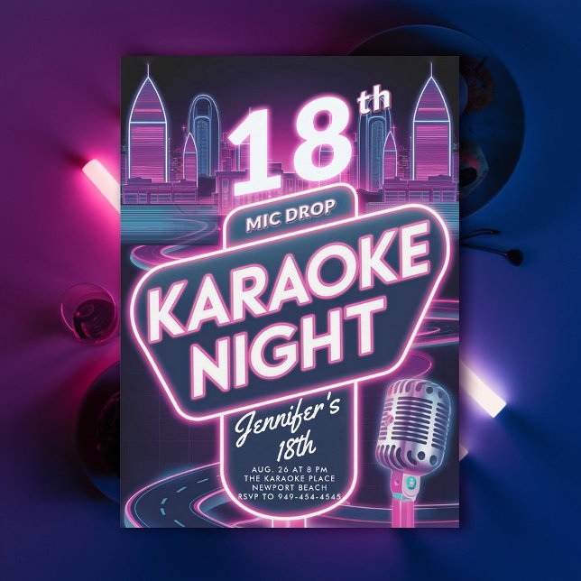 Invitation Karaoke 90s Neon rose brillant Y2K 18e anniversair (18th birthday party for girls karaoke night neon glow 90s millenial y2k funky chic)
