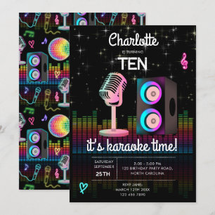 Invitation Karaoké Néon Lumineux Chanson Musique Fête Anniver