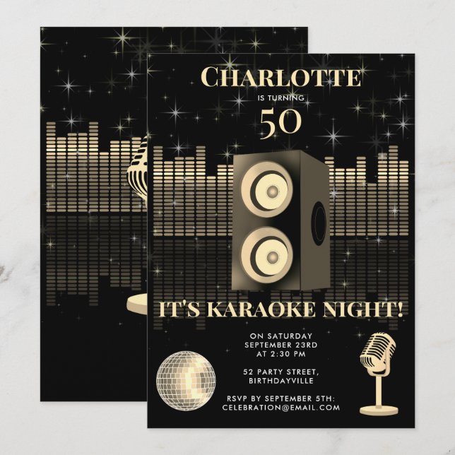 Invitation Karaoke Night Black Gold 50th Disco Birthday Party (Devant / Derrière)