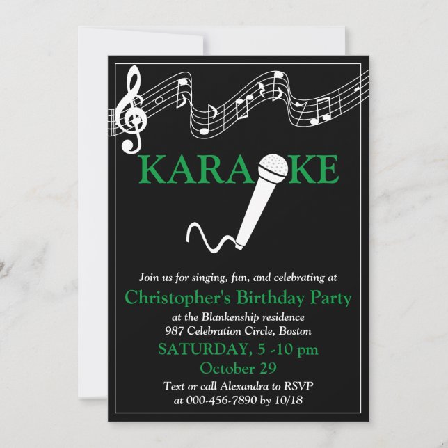 Invitation Karaoke Party Échelle musicale Microphone Vert (Devant)