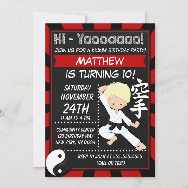 Invitation Karate Party Blond Hair Boy Anniversaire de enfant (Devant)