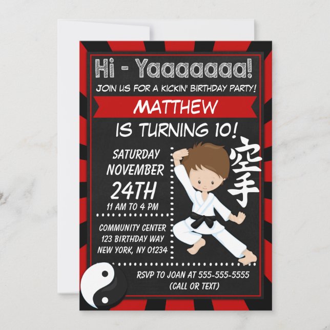 Invitation Karate Party Brown Hair Boy Anniversaire de enfant (Devant)