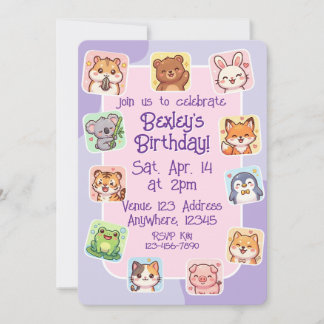 Invitation Kawaii Animal Sticker Pink Purple Birthday