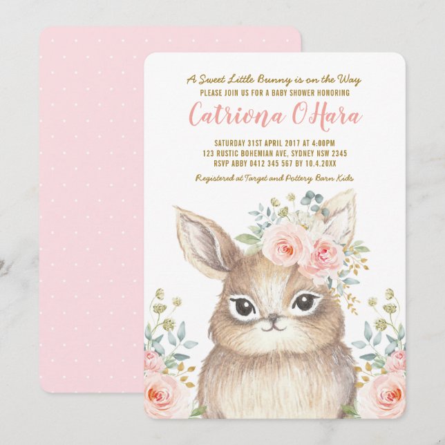 Invitation Kawaii Baby shower Floral Rose Bunny Bunny Woodlan (Devant / Derrière)