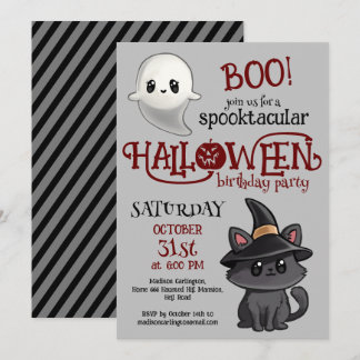 Invitation Kawaii Cat And Ghost Halloween Birthday Party